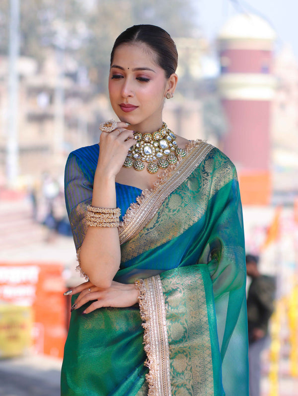 Banarasee Handloom Dual Shaded Plain Tissue Saree With Zari Border & Lace-Green