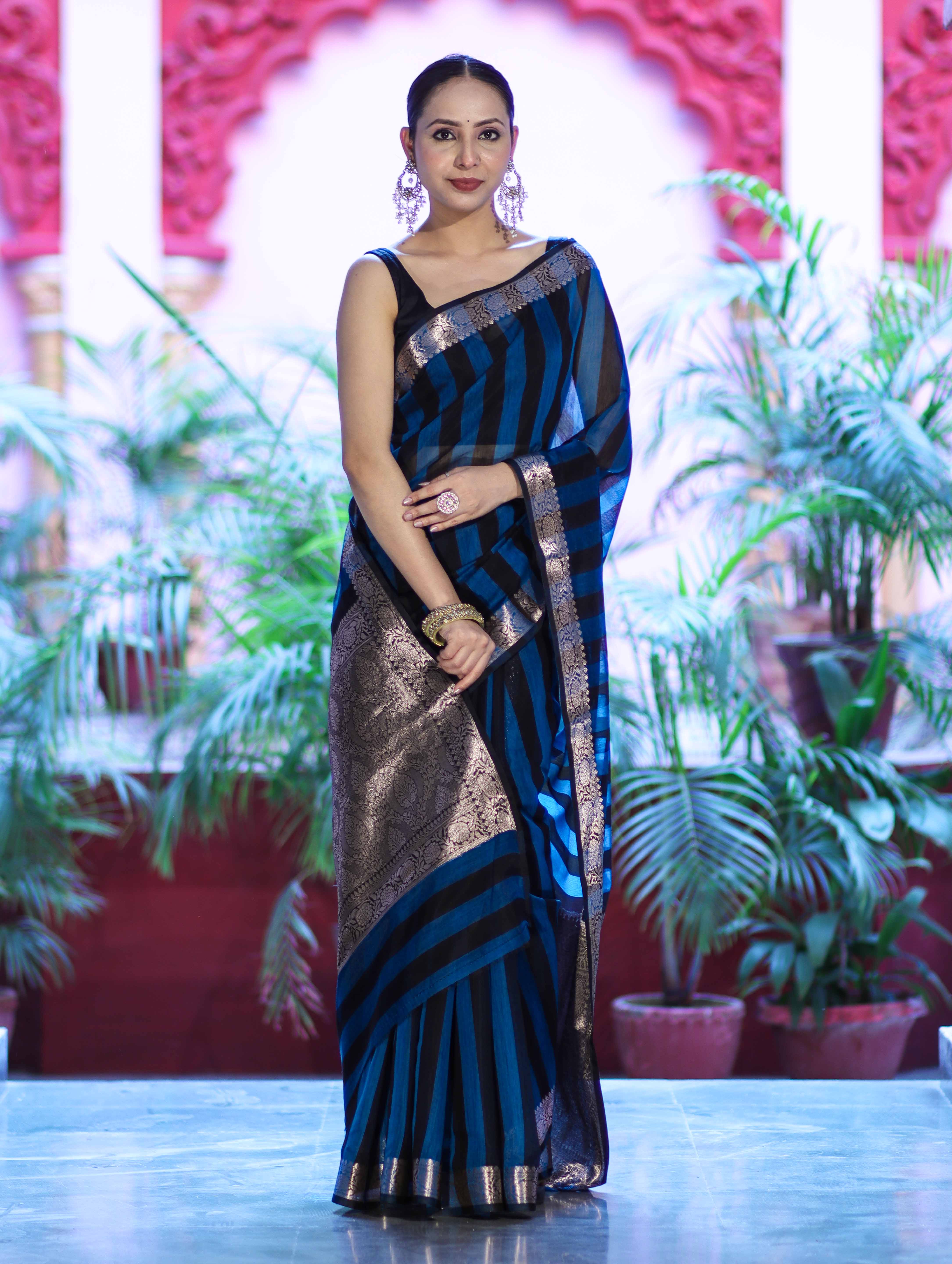 Banarasee Cotton Silk Saree With Stripes Pattern & Floral Zari Border-Light Blue & Black
