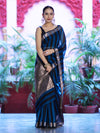 Banarasee Cotton Silk Saree With Stripes Pattern & Floral Zari Border-Light Blue & Black