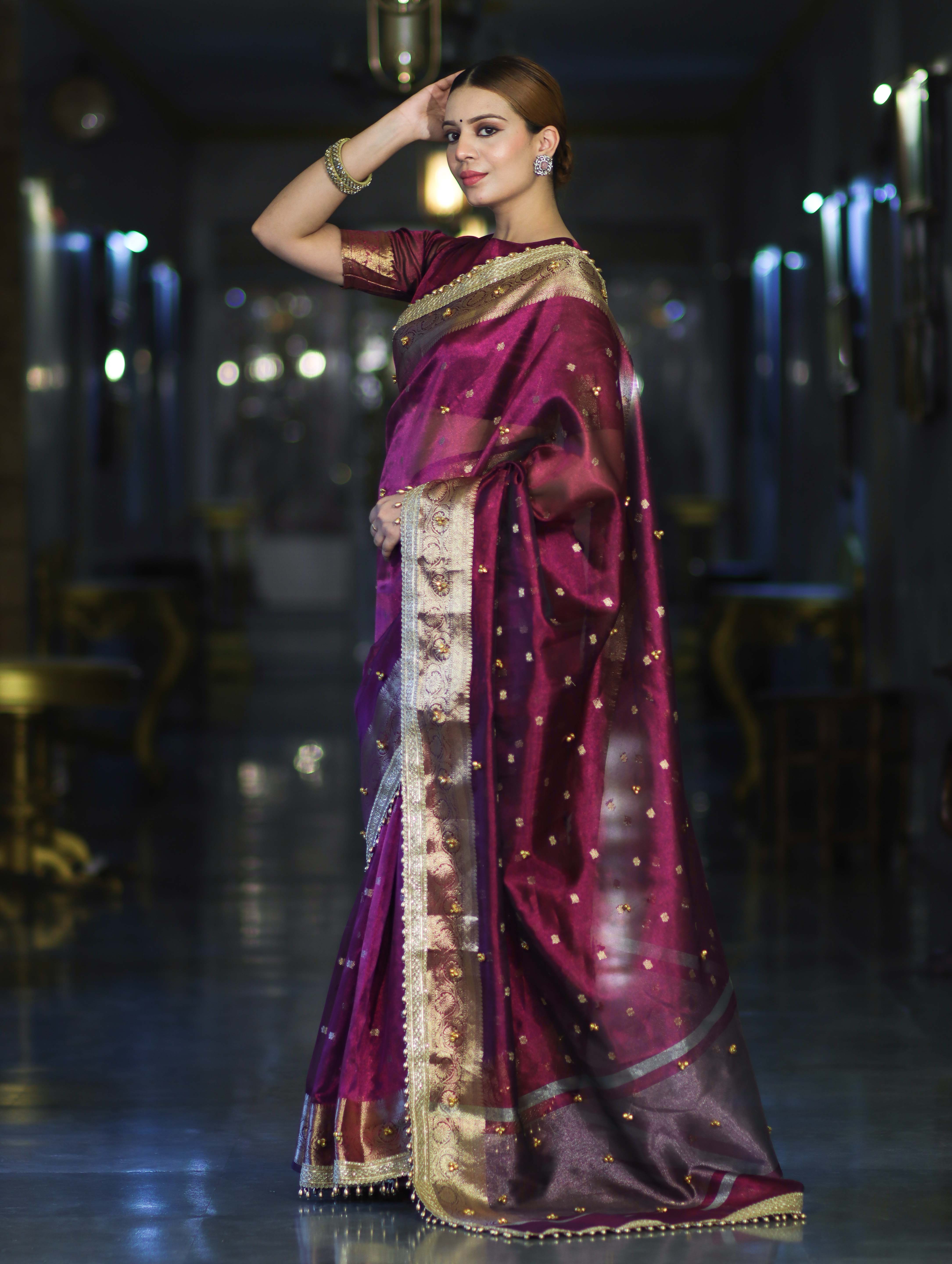 Banarasee Handwoven Tissue Saree With Embroidered Ghungroo Work-Plum Purple