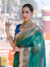 Banarasee Handloom Dual Shaded Plain Tissue Saree With Zari Border & Lace-Green