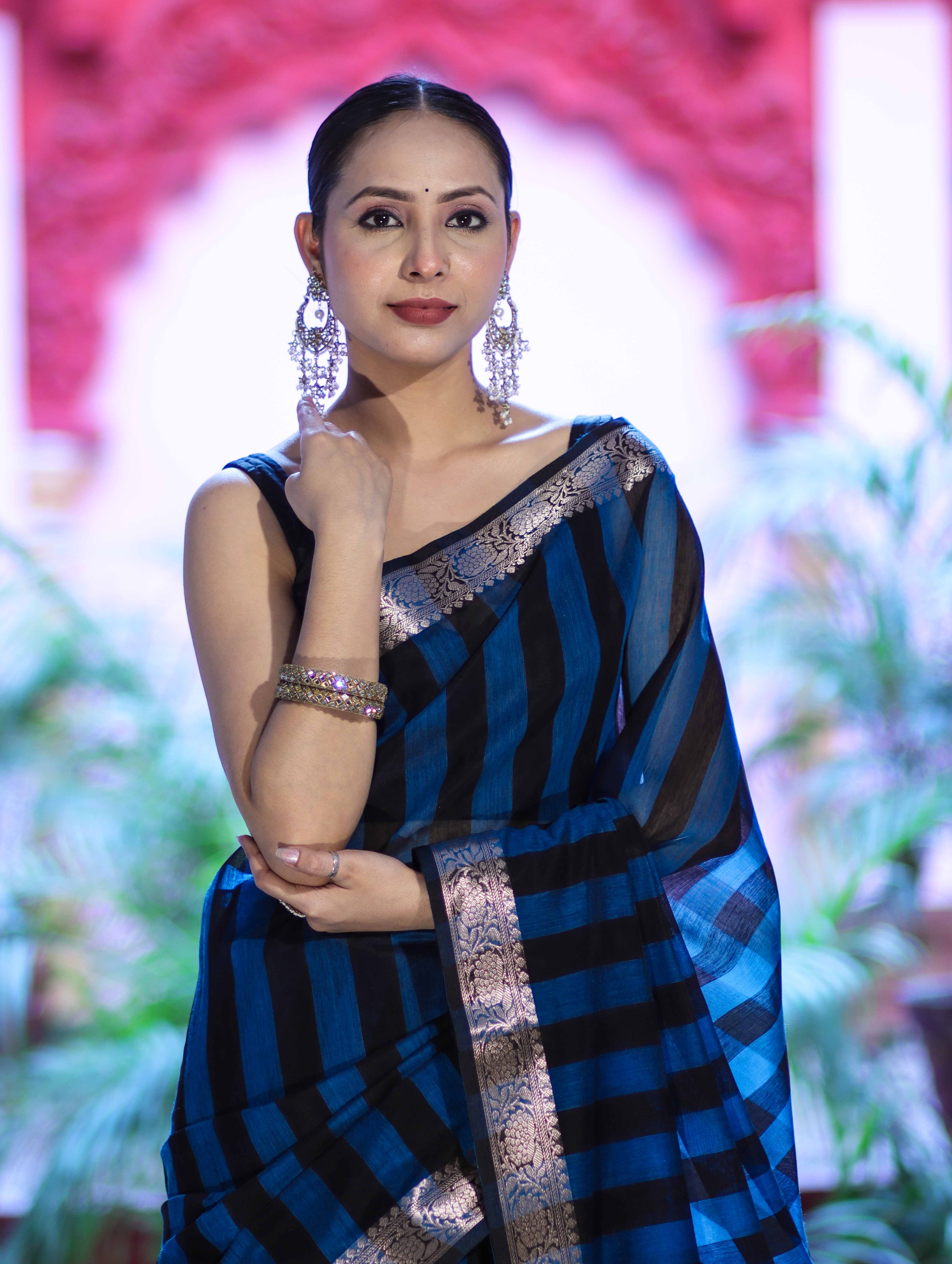 Banarasee Cotton Silk Saree With Stripes Pattern & Floral Zari Border-Light Blue & Black