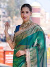 Banarasee Handloom Dual Shaded Plain Tissue Saree With Zari Border & Lace-Green