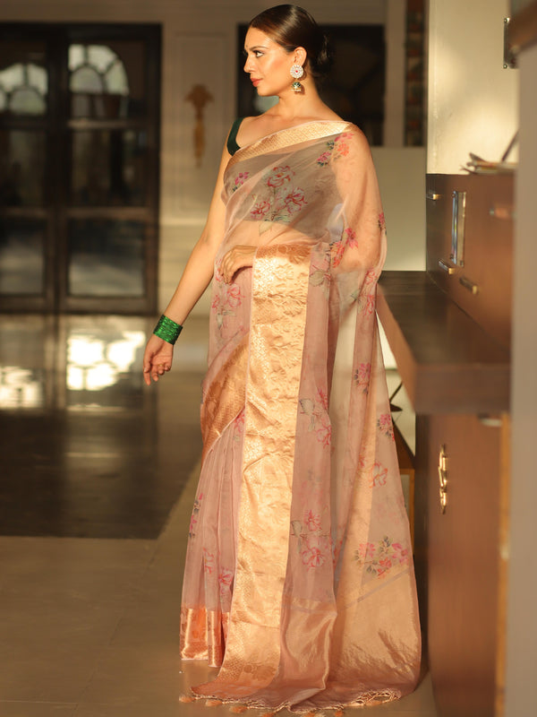 Banarasee Organza Mix Saree With Digital Floral Print-Peach