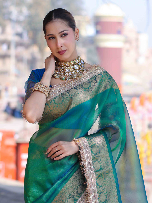 Banarasee Handloom Dual Shaded Plain Tissue Saree With Zari Border & Lace-Green