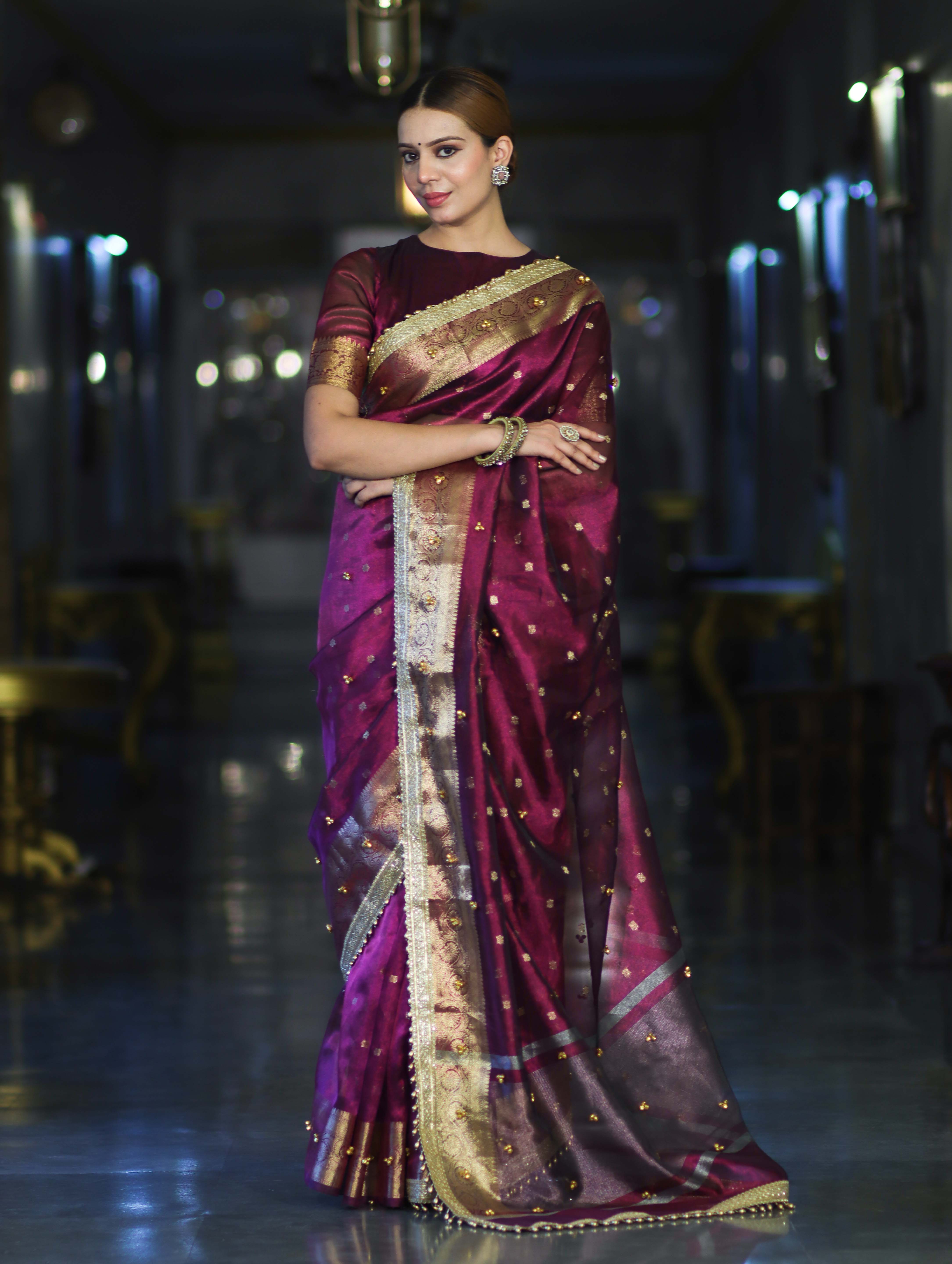 Banarasee Handwoven Tissue Saree With Embroidered Ghungroo Work-Plum Purple
