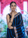 Banarasee Cotton Silk Saree With Stripes Pattern & Floral Zari Border-Light Blue & Black