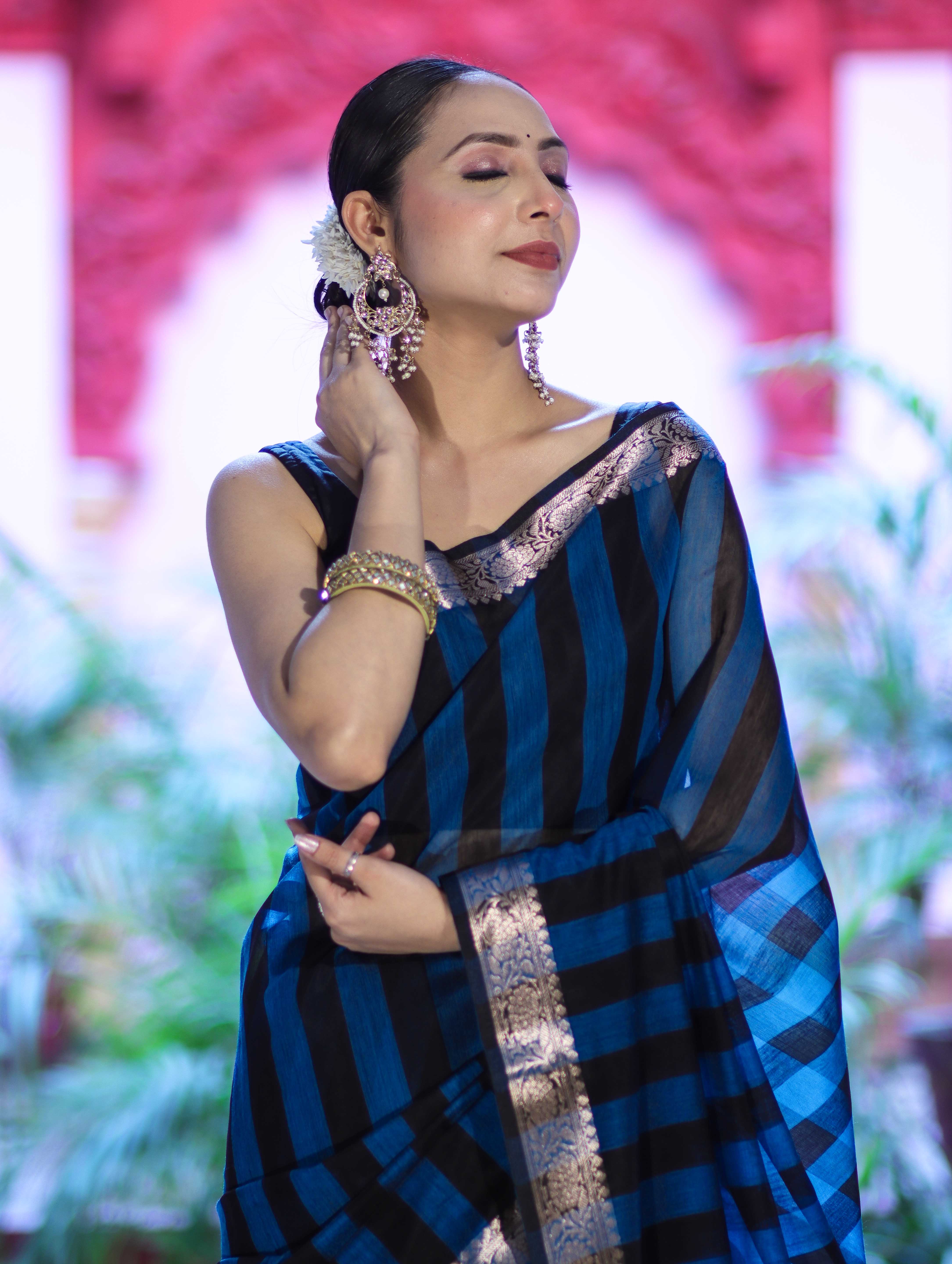 Banarasee Cotton Silk Saree With Stripes Pattern & Floral Zari Border-Light Blue & Black