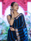 Banarasee Cotton Silk Saree With Stripes Pattern & Floral Zari Border-Light Blue & Black