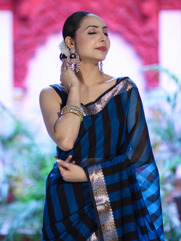 Banarasee Cotton Silk Saree With Stripes Pattern & Floral Zari Border-Light Blue & Black