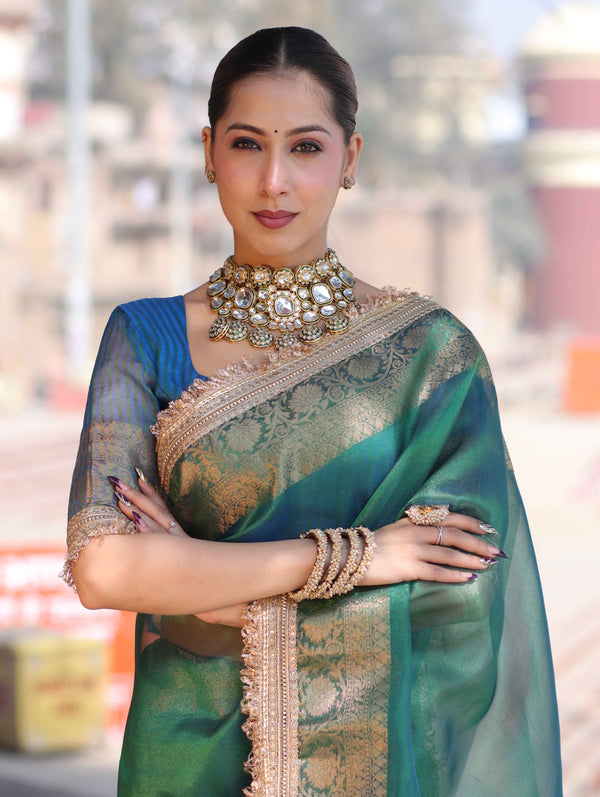 Banarasee Handloom Dual Shaded Plain Tissue Saree With Zari Border & Lace-Green