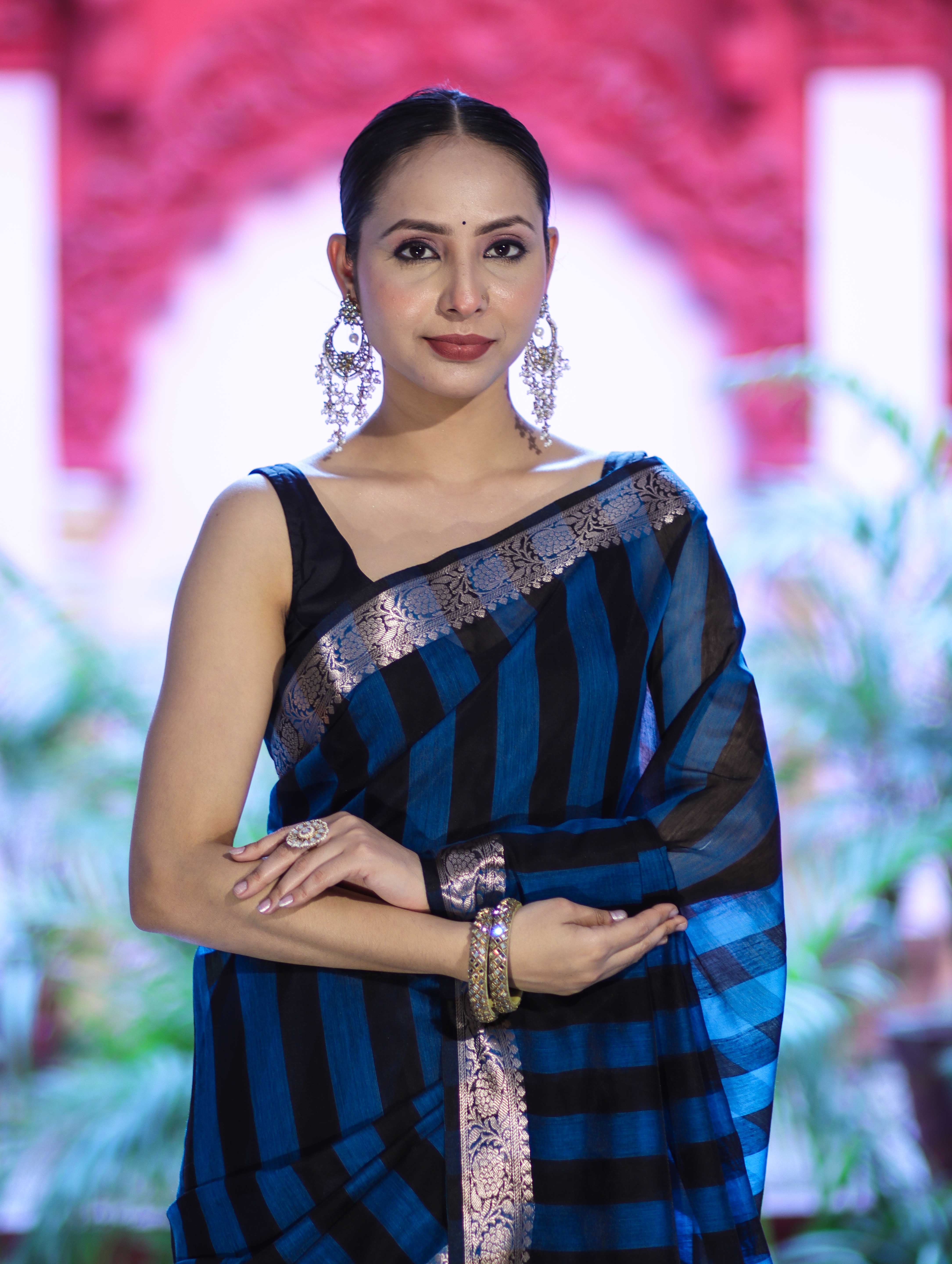 Banarasee Cotton Silk Saree With Stripes Pattern & Floral Zari Border-Light Blue & Black