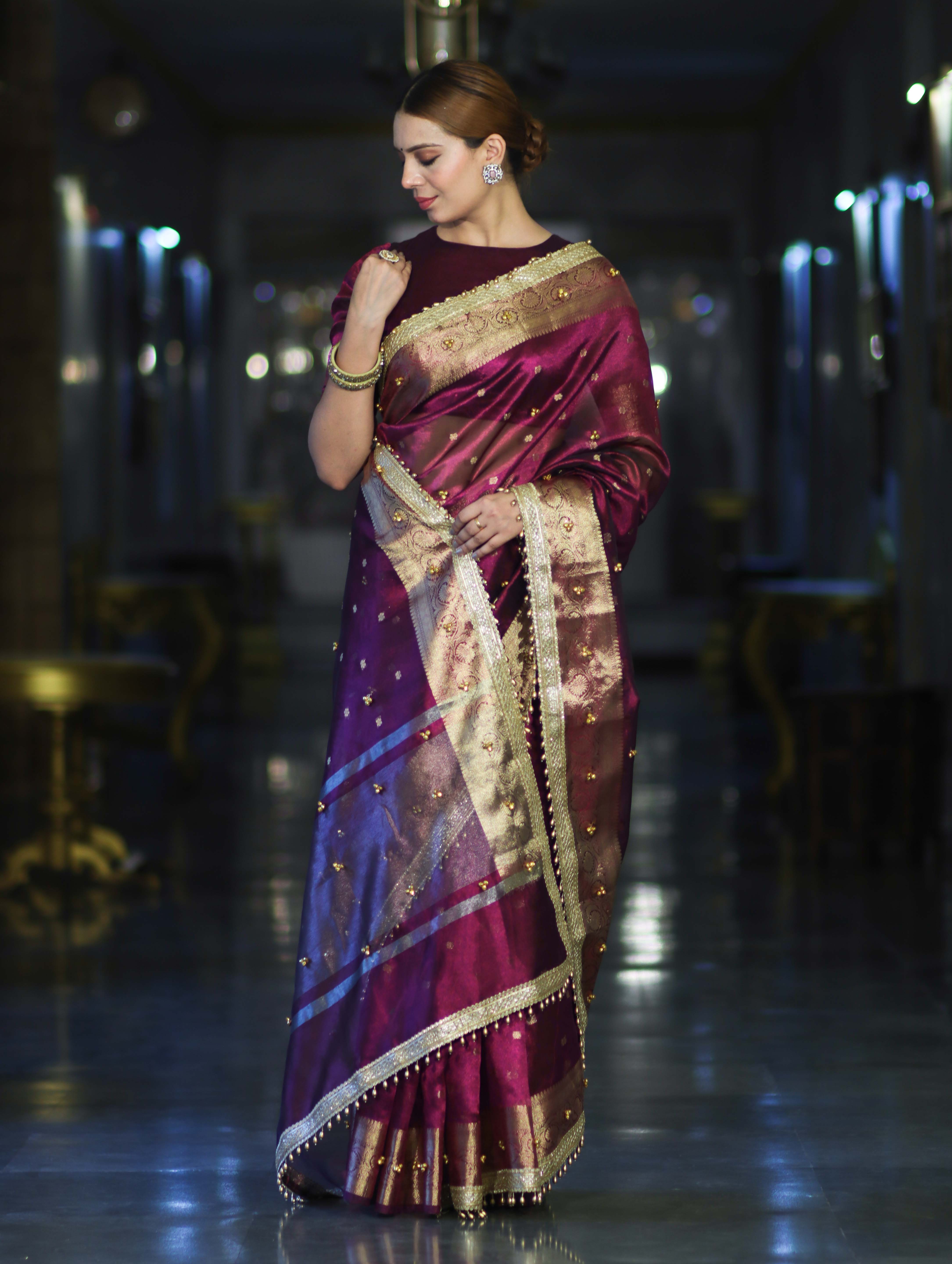 Banarasee Handwoven Tissue Saree With Embroidered Ghungroo Work-Plum Purple