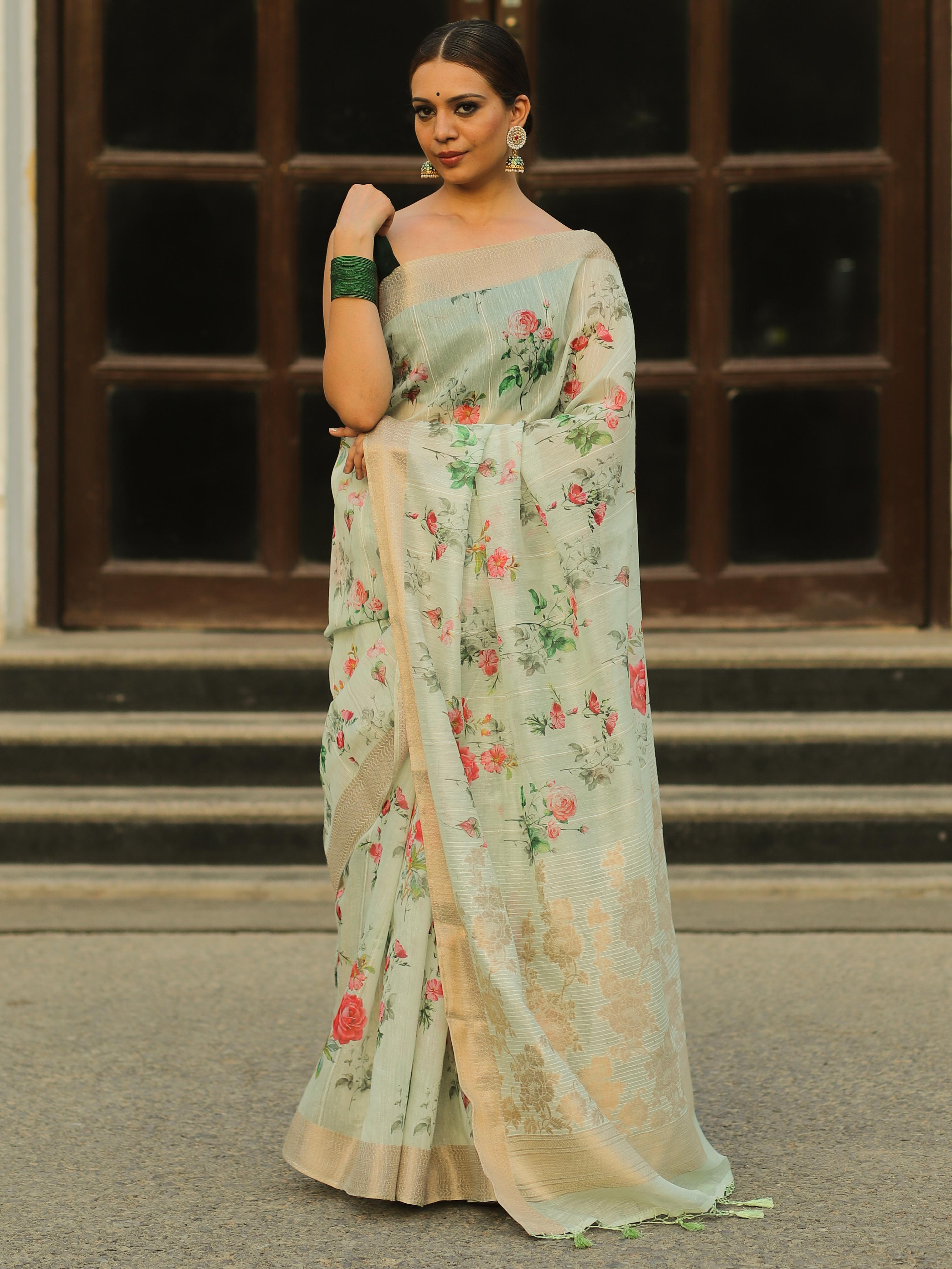 Banarasee Linen Cotton Digital Print Antique Zari Saree-Pastel Green