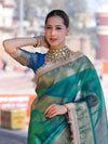 Banarasee Handloom Dual Shaded Plain Tissue Saree With Zari Border & Lace-Green