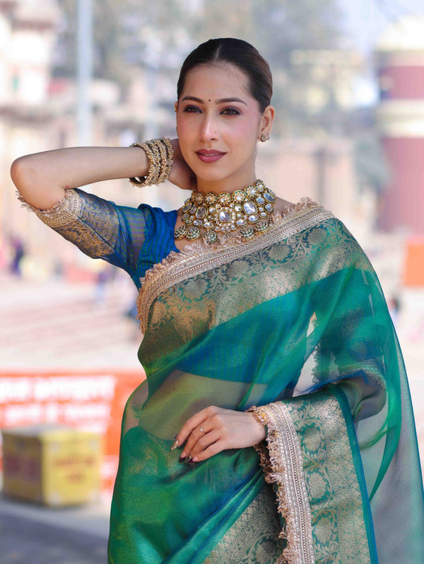 Banarasee Handloom Dual Shaded Plain Tissue Saree With Zari Border & Lace-Green