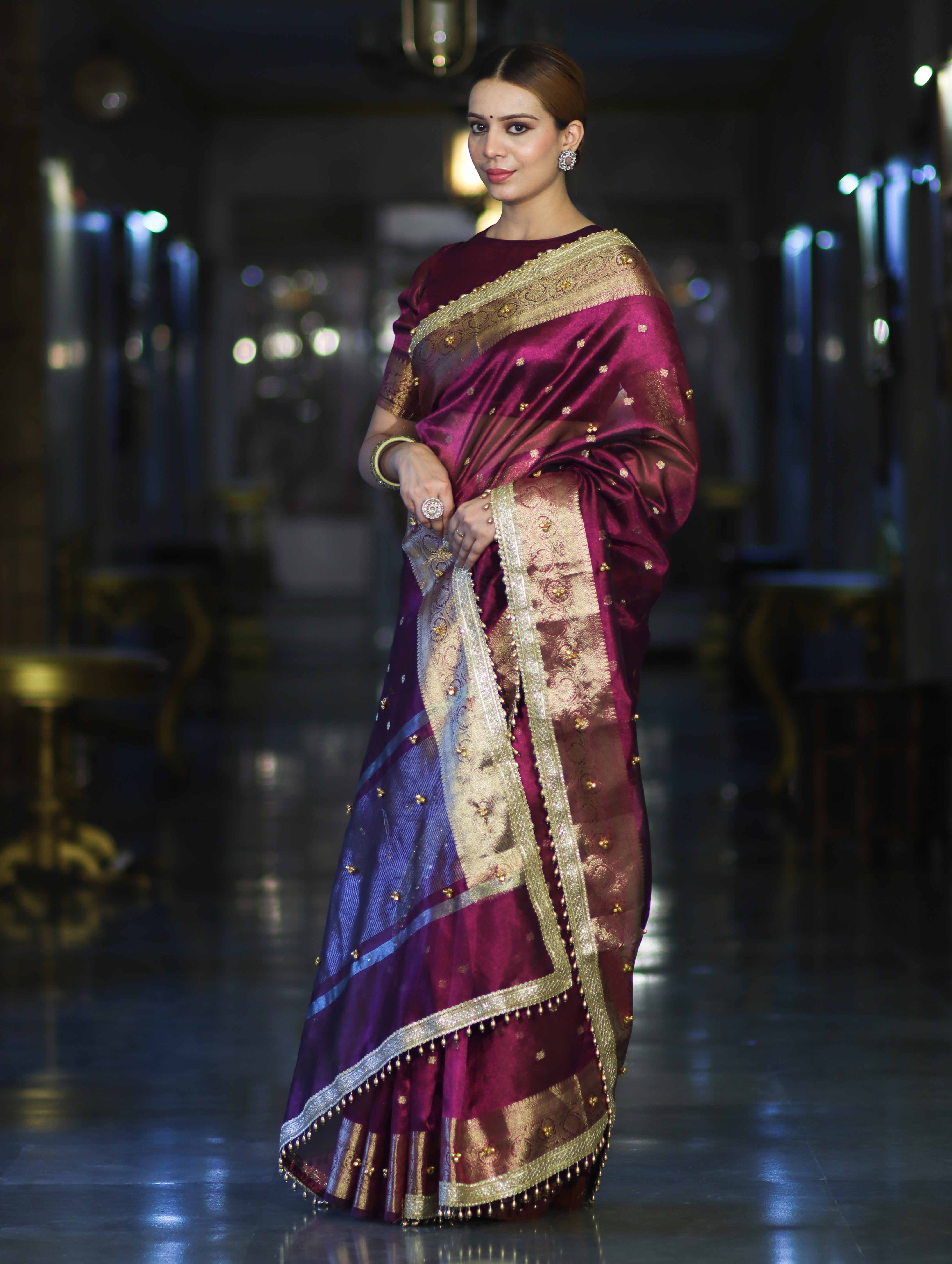 Banarasee Handwoven Tissue Saree With Embroidered Ghungroo Work-Plum Purple