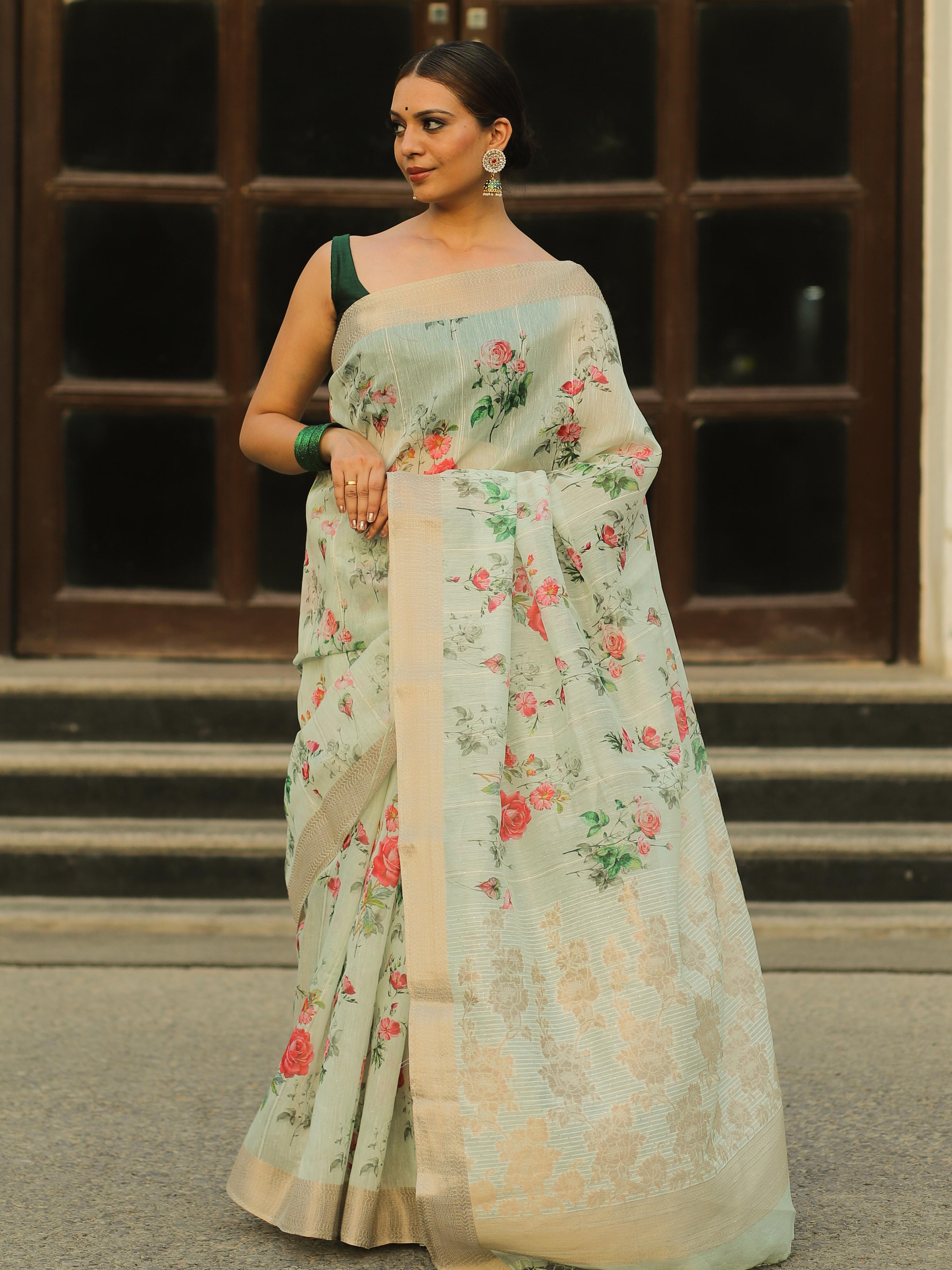 Banarasee Linen Cotton Digital Print Antique Zari Saree-Pastel Green