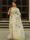 Banarasee Linen Cotton Digital Print Antique Zari Saree-Pastel Green