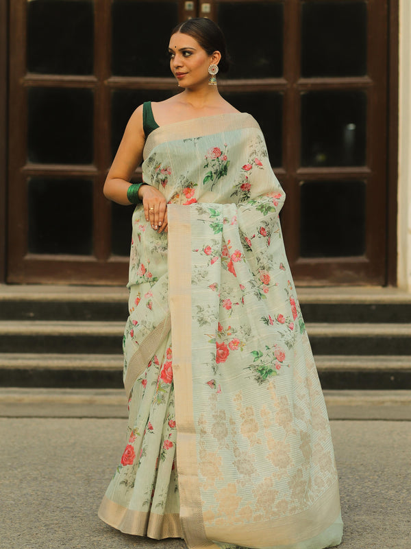Banarasee Linen Cotton Digital Print Antique Zari Saree-Pastel Green