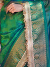Banarasee Handloom Dual Shaded Plain Tissue Saree With Zari Border & Lace-Green