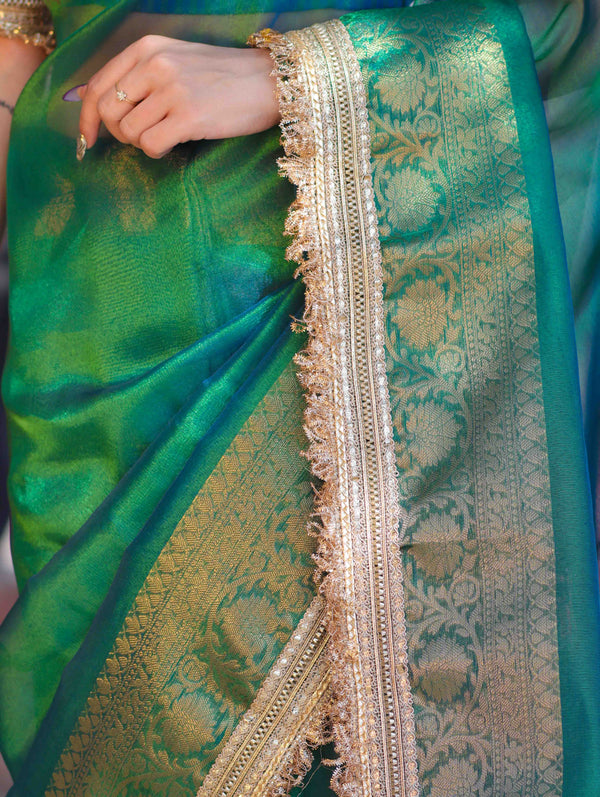 Banarasee Handloom Dual Shaded Plain Tissue Saree With Zari Border & Lace-Green