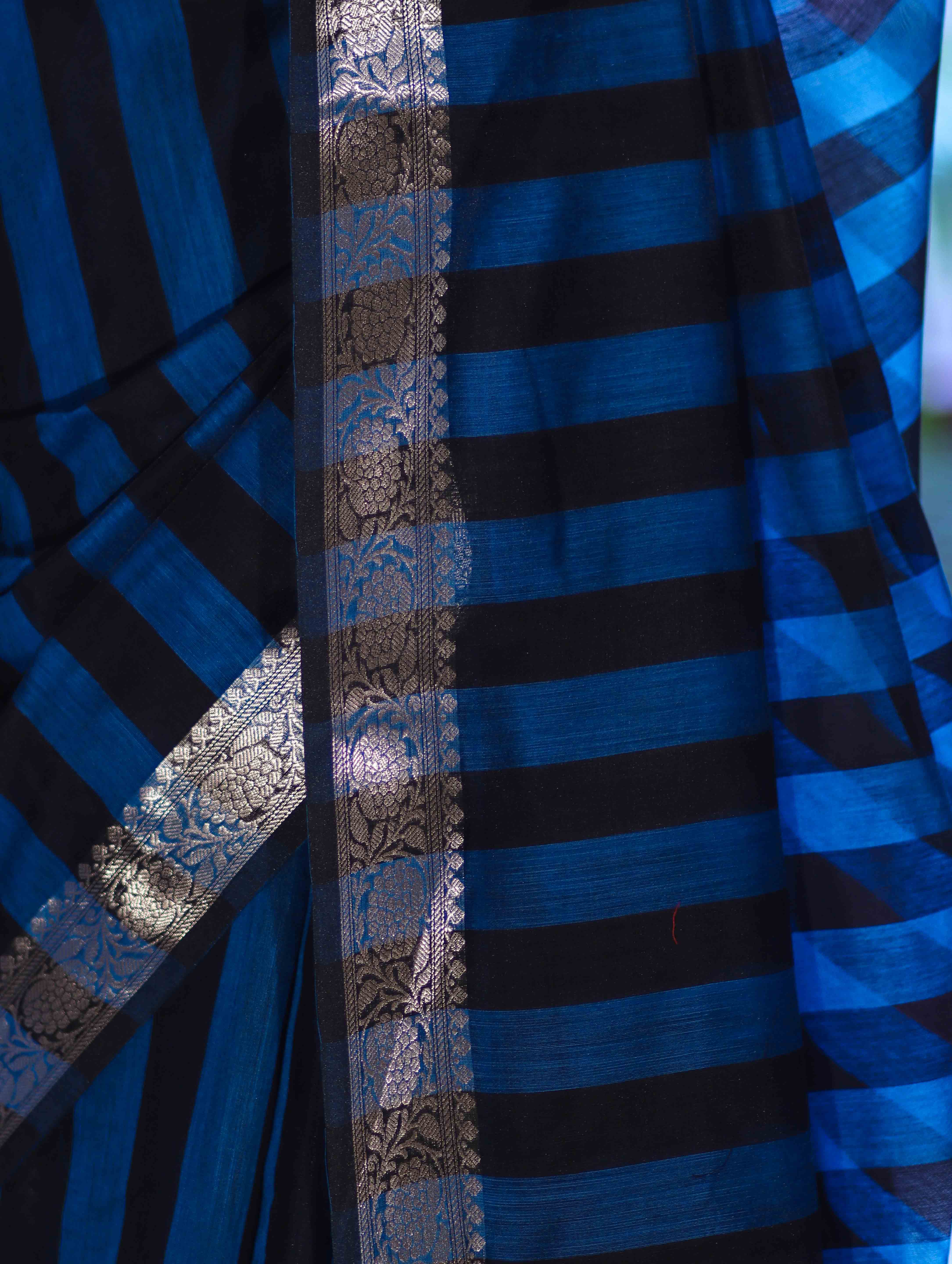 Banarasee Cotton Silk Saree With Stripes Pattern & Floral Zari Border-Light Blue & Black