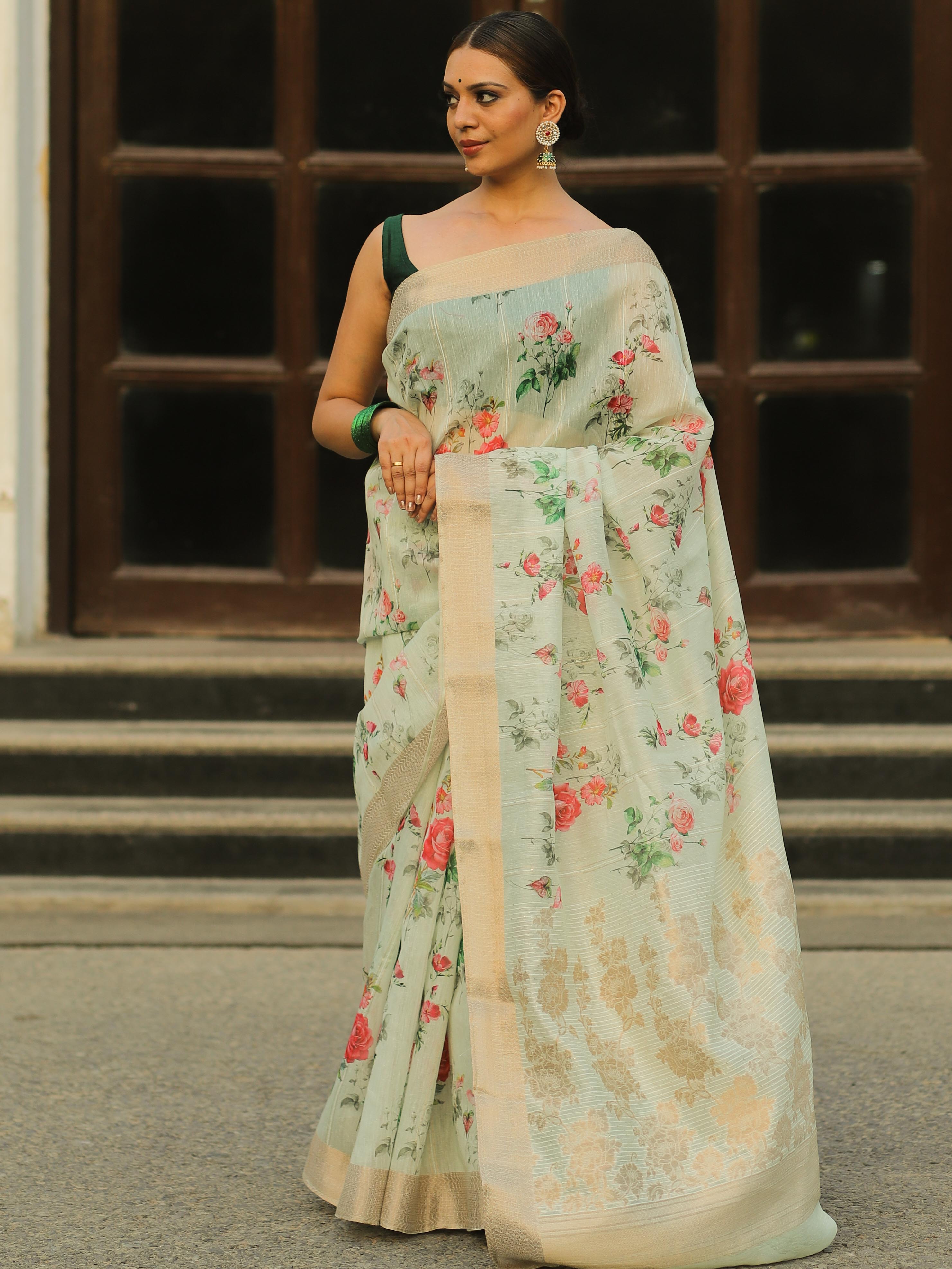 Banarasee Linen Cotton Digital Print Antique Zari Saree-Pastel Green