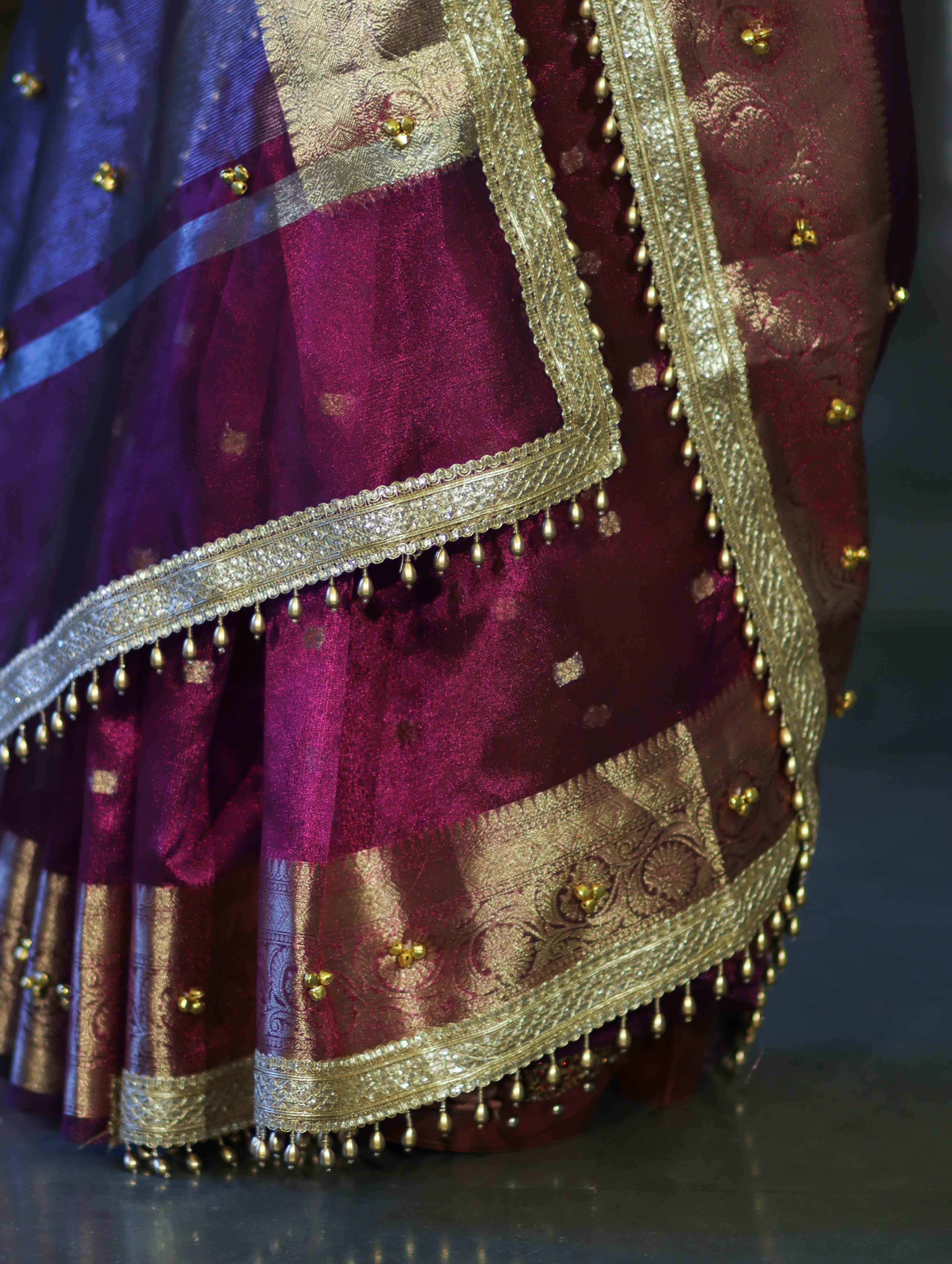 Banarasee Handwoven Tissue Saree With Embroidered Ghungroo Work-Plum Purple