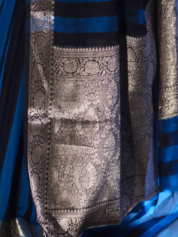 Banarasee Cotton Silk Saree With Stripes Pattern & Floral Zari Border-Light Blue & Black
