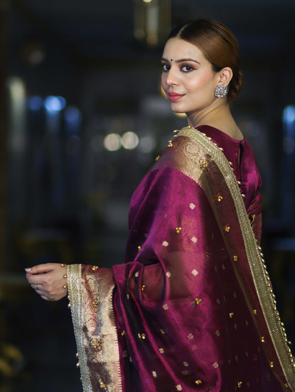Banarasee Handwoven Tissue Saree With Embroidered Ghungroo Work-Plum Purple