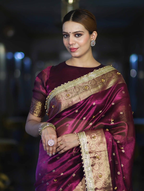 Banarasee Handwoven Tissue Saree With Embroidered Ghungroo Work-Plum Purple