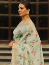Banarasee Linen Cotton Digital Print Antique Zari Saree-Pastel Green