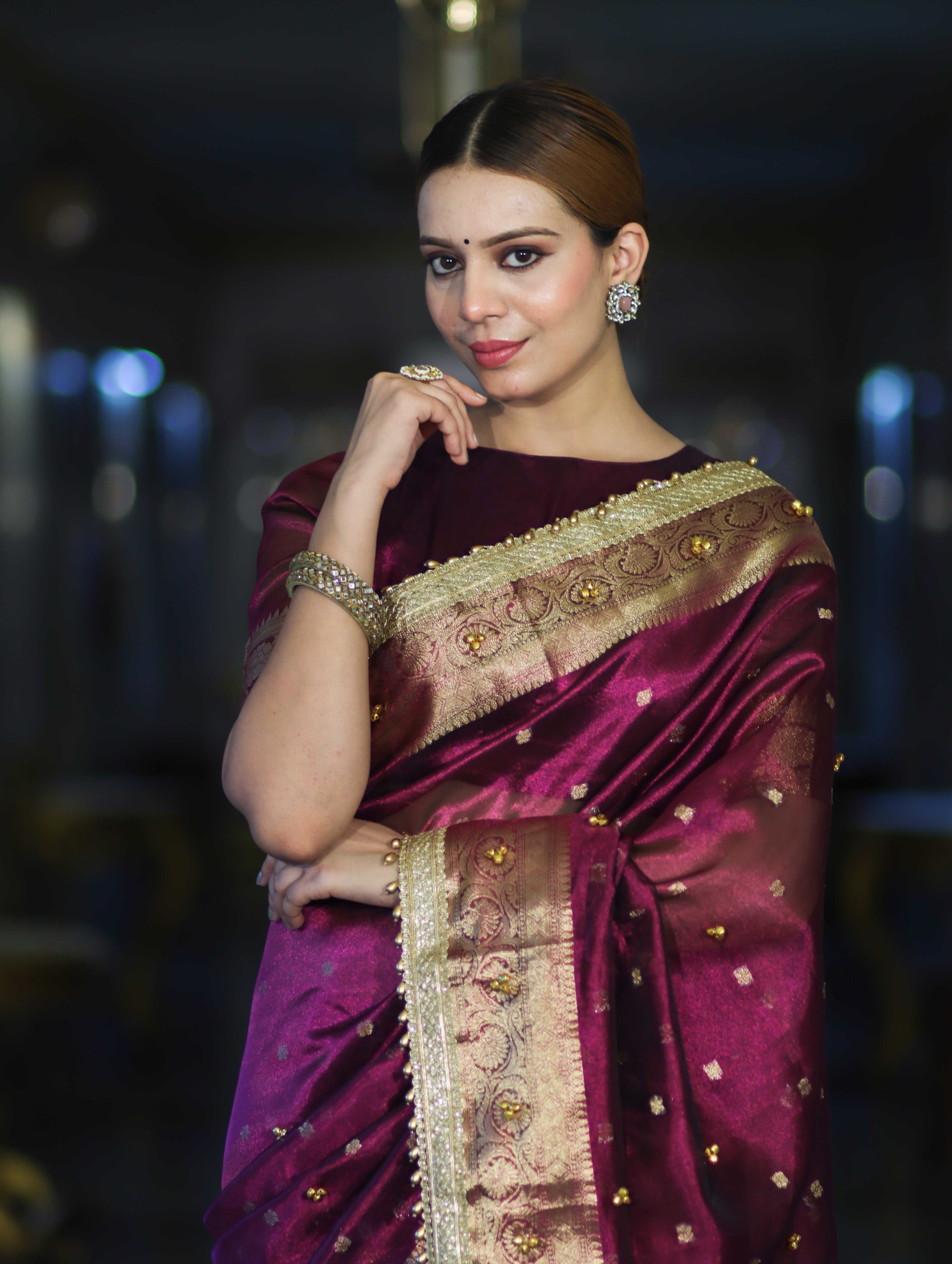 Banarasee Handwoven Tissue Saree With Embroidered Ghungroo Work-Plum Purple