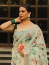 Banarasee Linen Cotton Digital Print Antique Zari Saree-Pastel Green