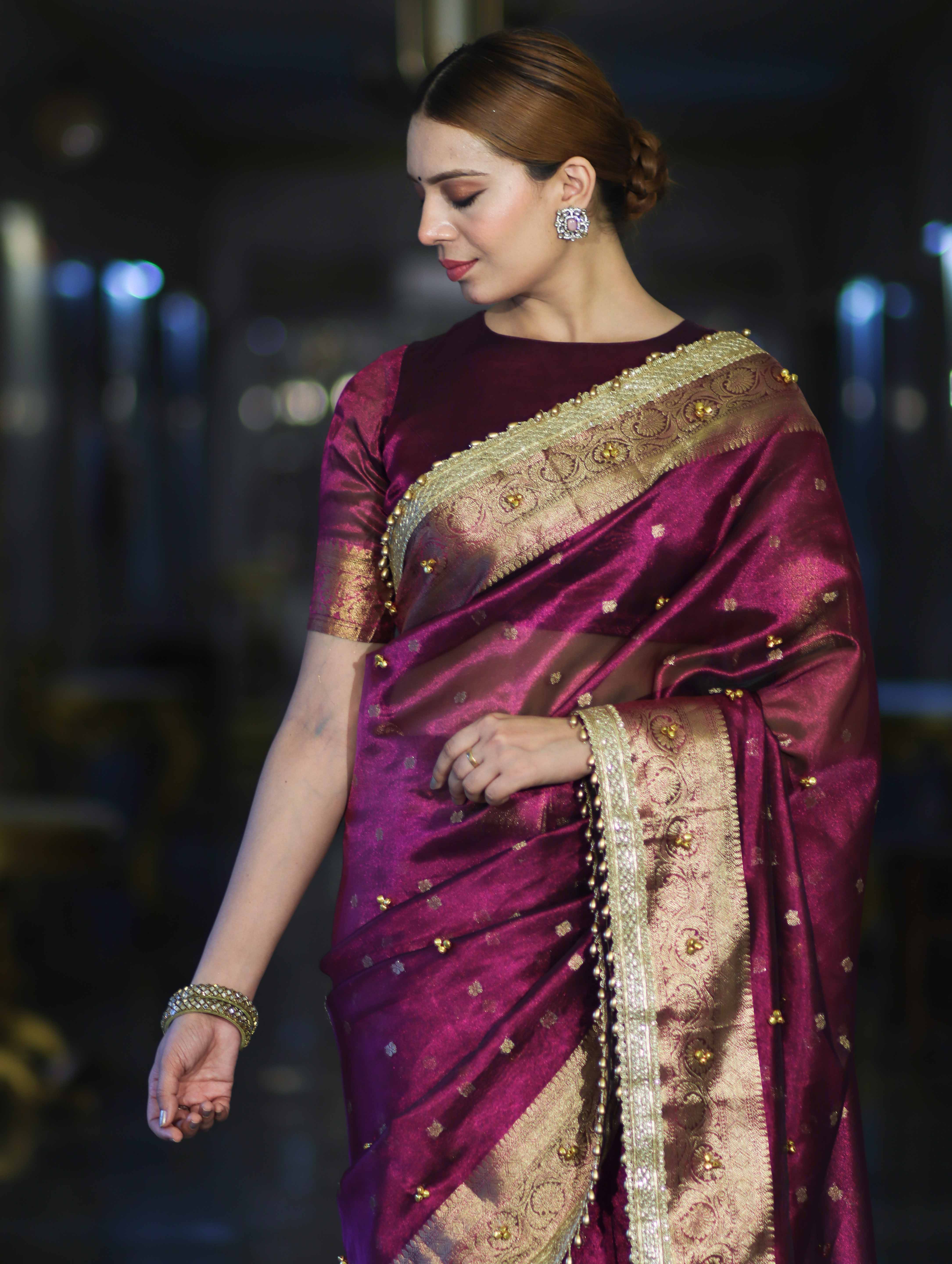 Banarasee Handwoven Tissue Saree With Embroidered Ghungroo Work-Plum Purple