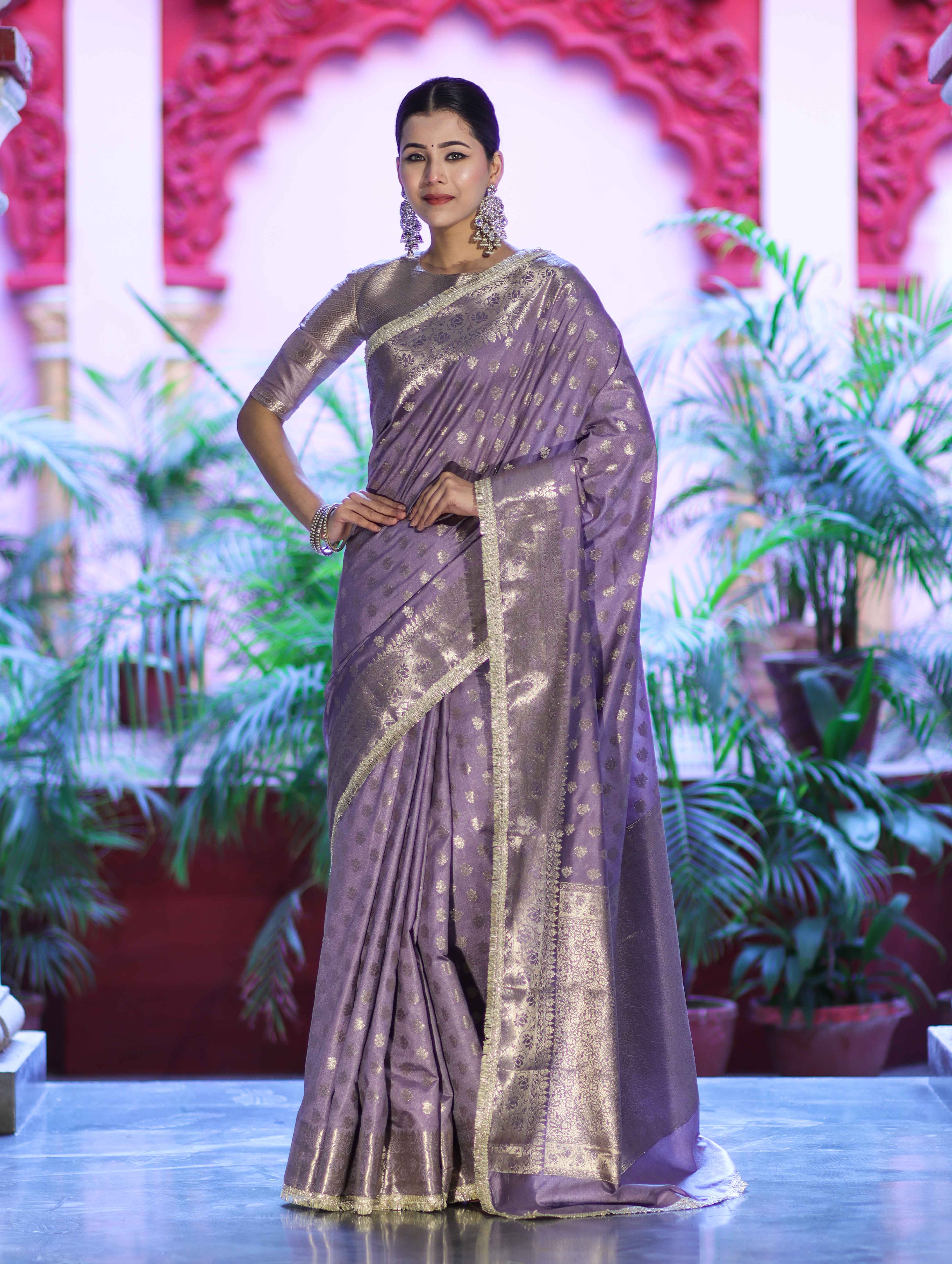 Banarasee Handloom Semi Silk Saree With Zari Buti Design & Lace Border-Lilac