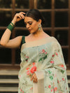 Banarasee Linen Cotton Digital Print Antique Zari Saree-Pastel Green