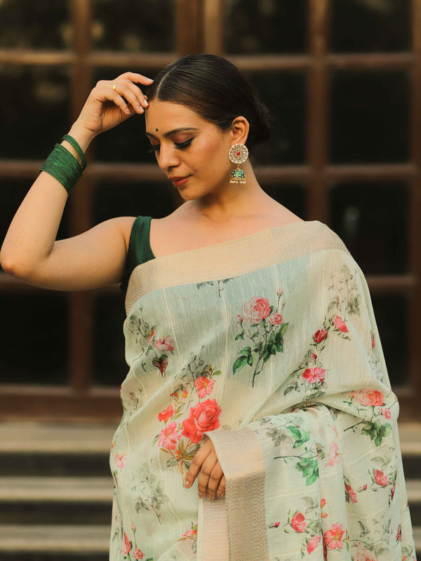 Banarasee Linen Cotton Digital Print Antique Zari Saree-Pastel Green