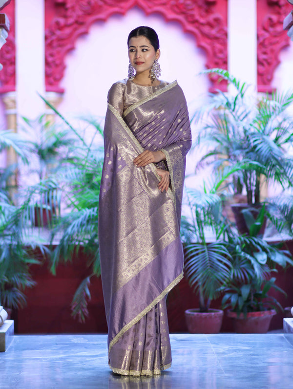 Banarasee Handloom Semi Silk Saree With Zari Buti Design & Lace Border-Lilac