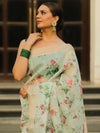Banarasee Linen Cotton Digital Print Antique Zari Saree-Pastel Green