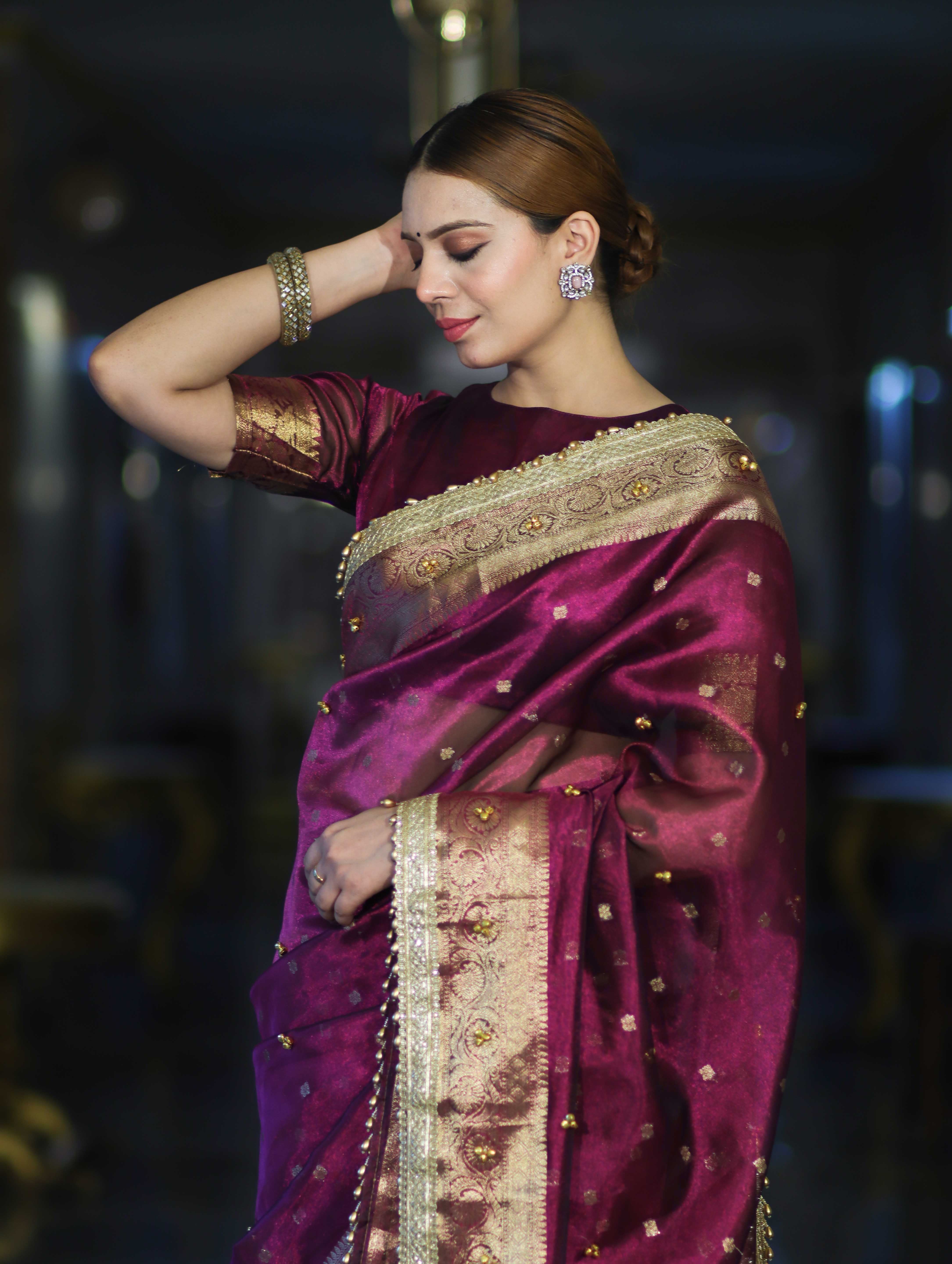 Banarasee Handwoven Tissue Saree With Embroidered Ghungroo Work-Plum Purple