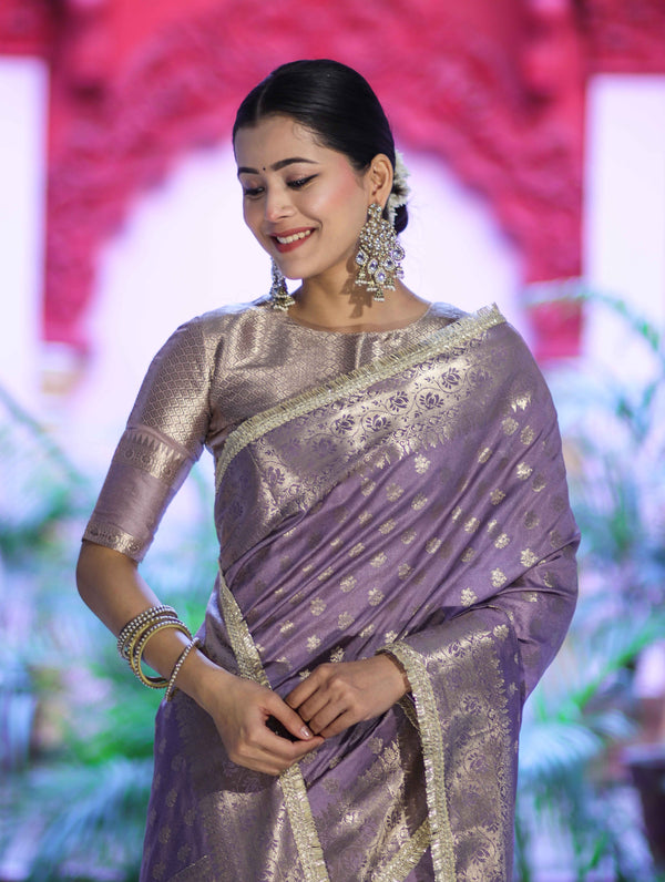 Banarasee Handloom Semi Silk Saree With Zari Buti Design & Lace Border-Lilac