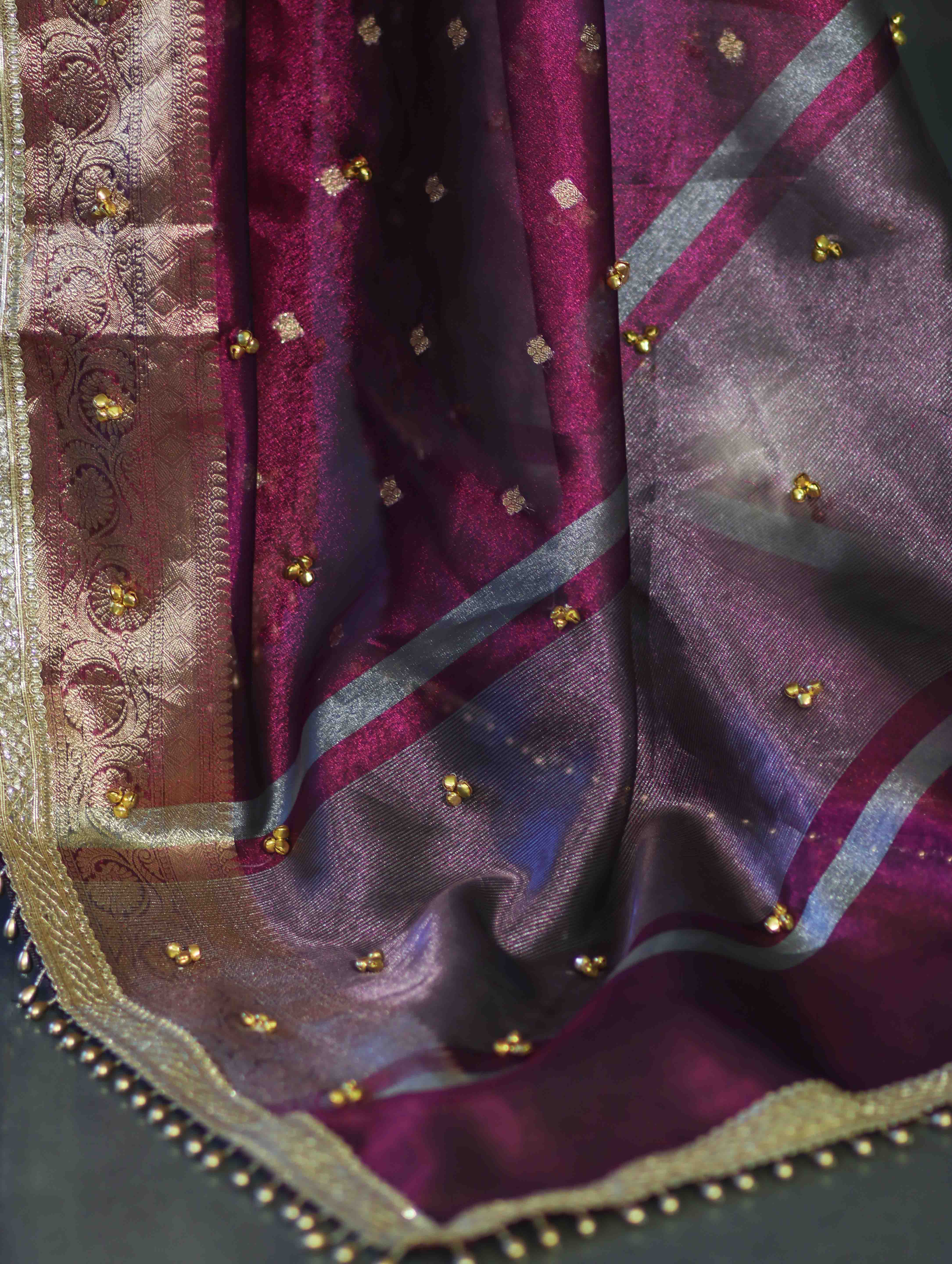 Banarasee Handwoven Tissue Saree With Embroidered Ghungroo Work-Plum Purple