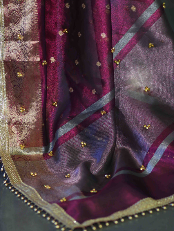 Banarasee Handwoven Tissue Saree With Embroidered Ghungroo Work-Plum Purple