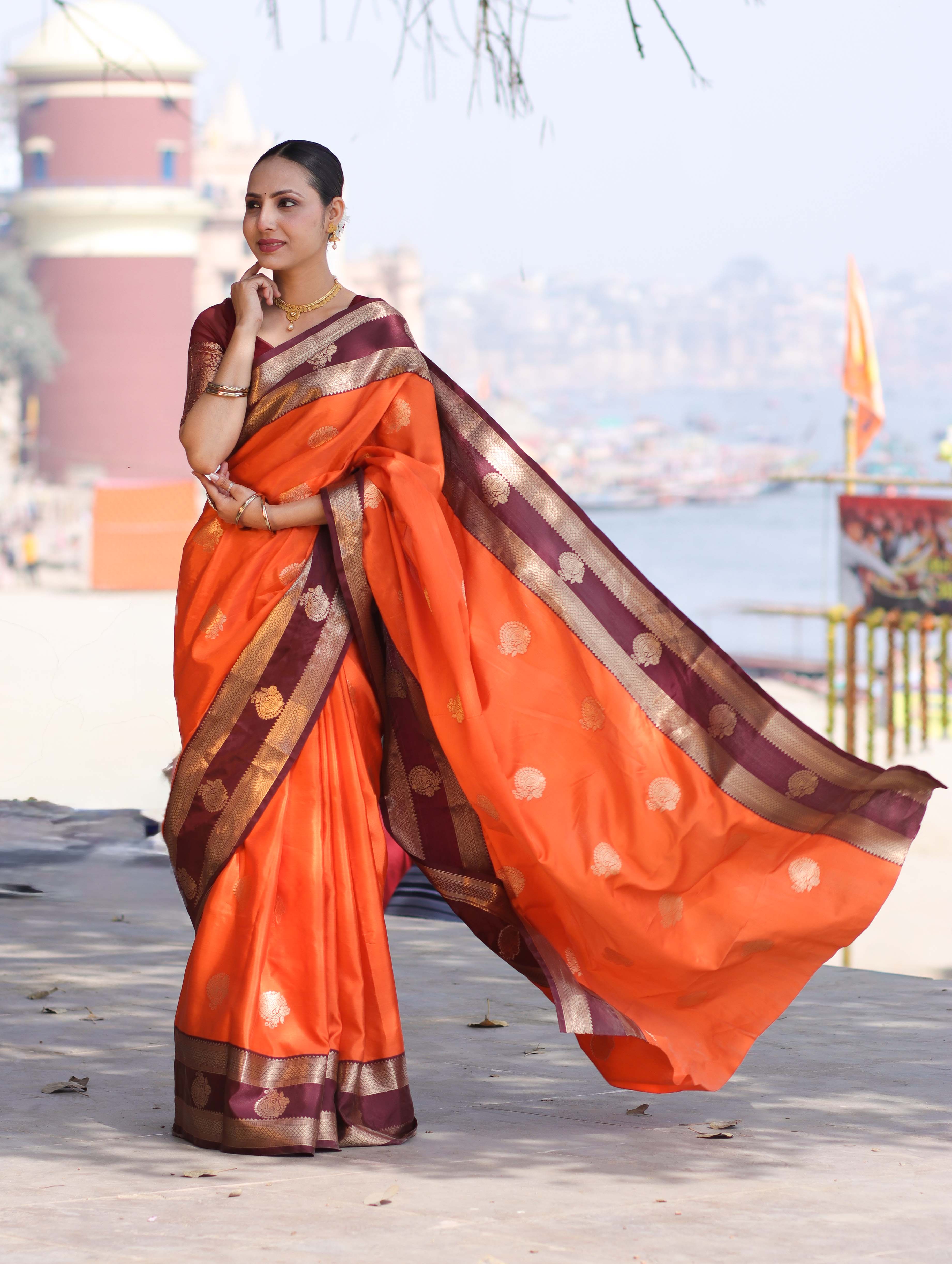 Banarasee Handloom Semi Silk Saree With Buta Design & Contrast Broad Border-Orange & Deep Maroon