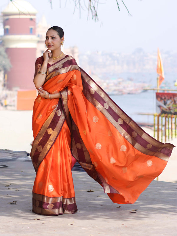 Banarasee Handloom Semi Silk Saree With Buta Design & Contrast Broad Border-Orange & Deep Maroon