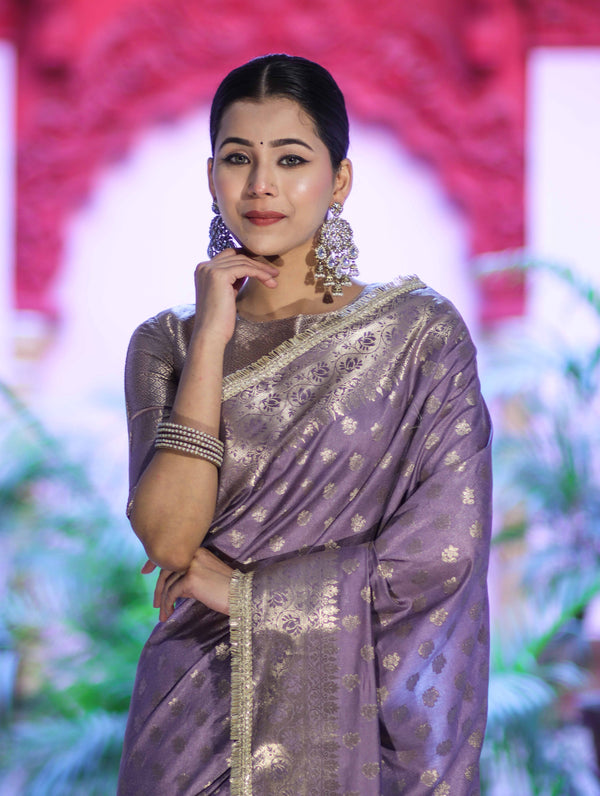 Banarasee Handloom Semi Silk Saree With Zari Buti Design & Lace Border-Lilac