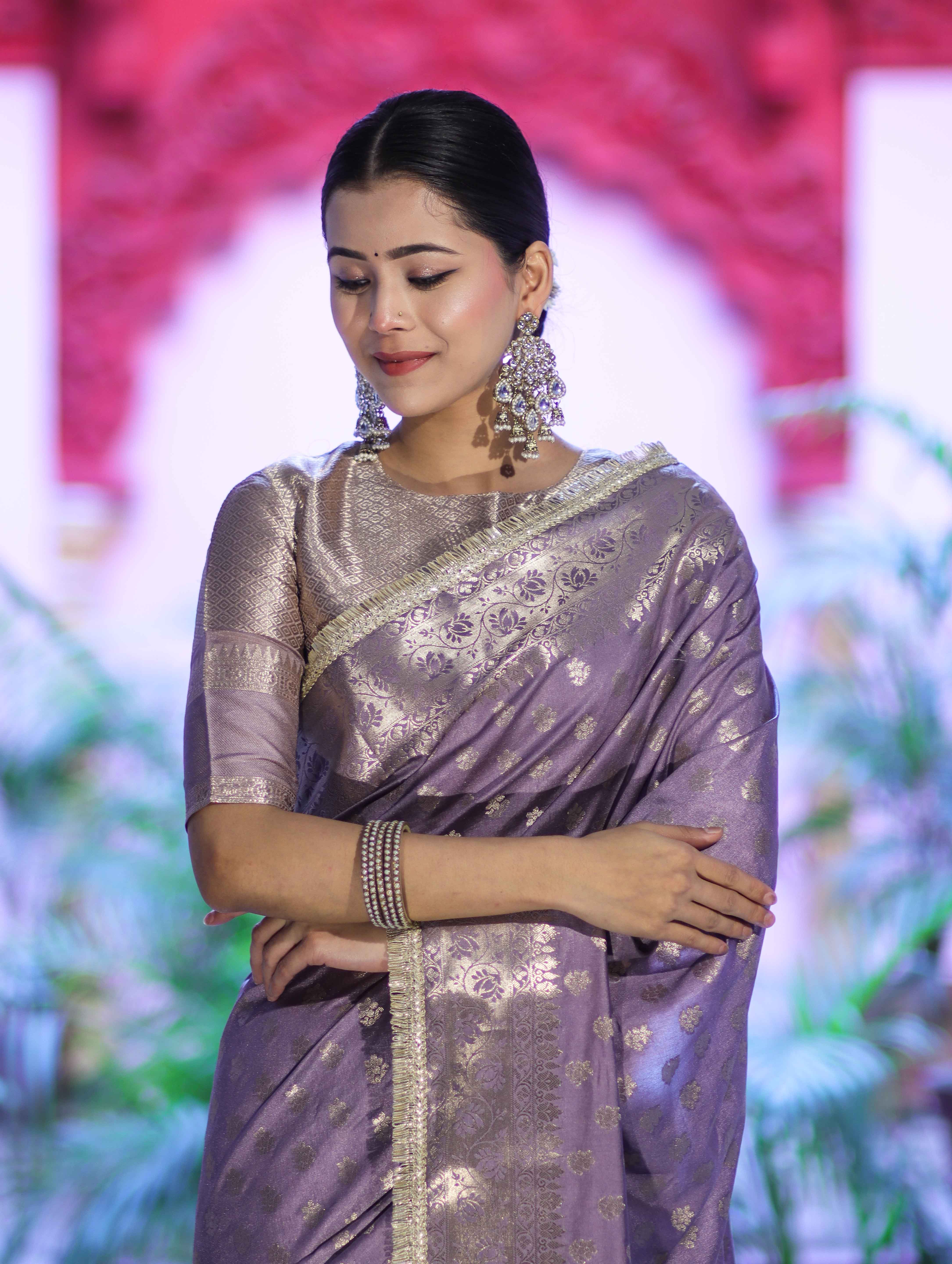 Banarasee Handloom Semi Silk Saree With Zari Buti Design & Lace Border-Lilac