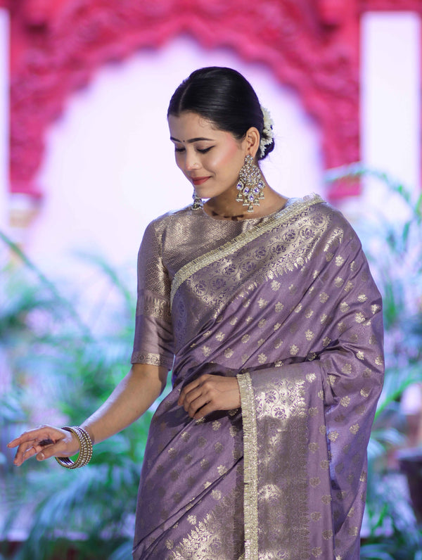 Banarasee Handloom Semi Silk Saree With Zari Buti Design & Lace Border-Lilac